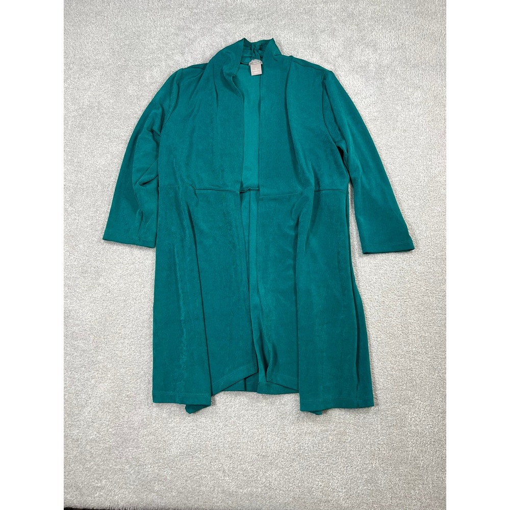 Chicos Travelers Teal Green Open Front Longline Cardigan Jacket Womens Size S
